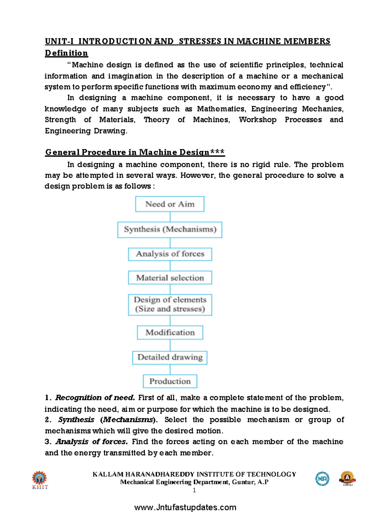 R19 DMM-I - UNIT-1: Introduction to Machine Design and Stresses - Studocu