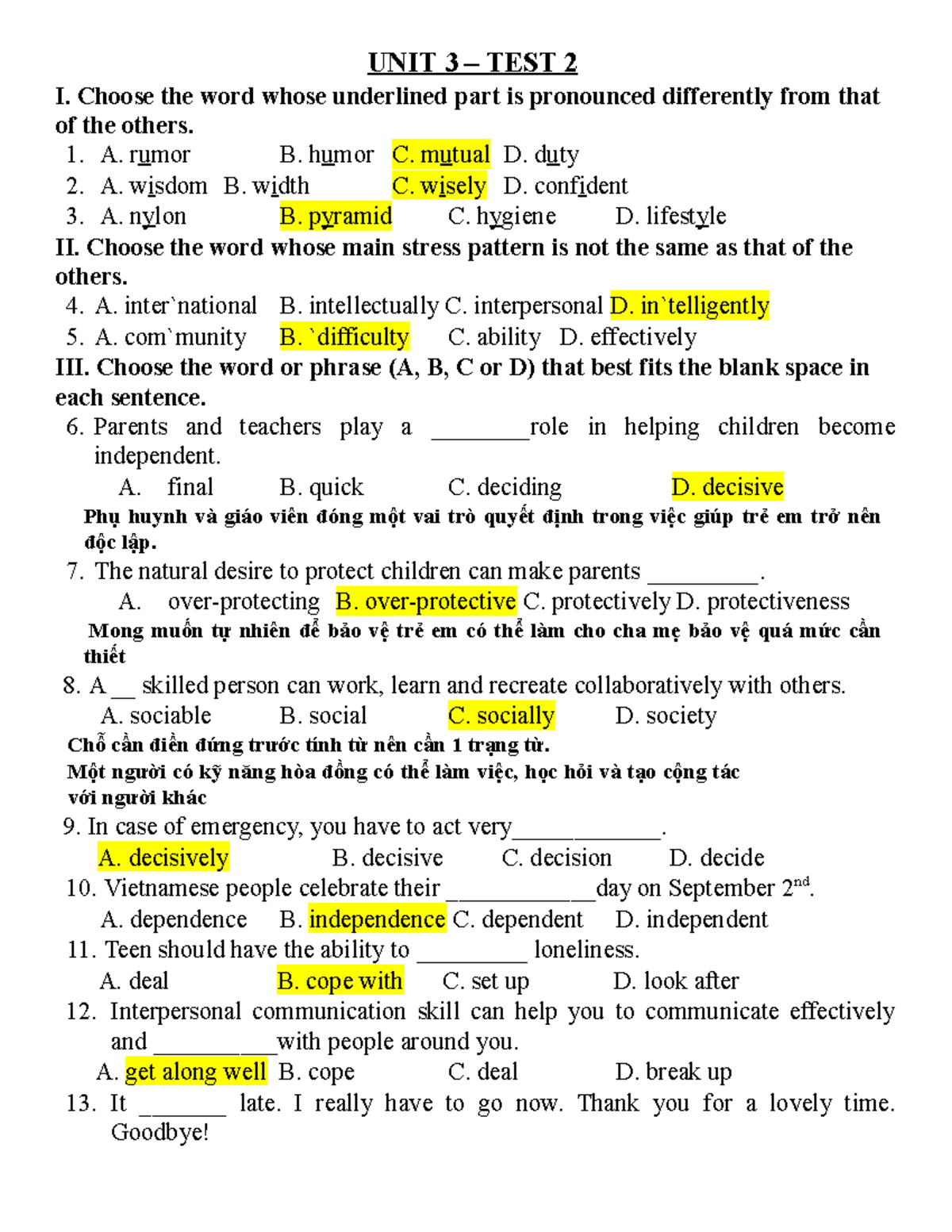 Unit 3 - test 2 - tham khảo - UNIT 3 – TEST 2 I. Choose the word whose ...