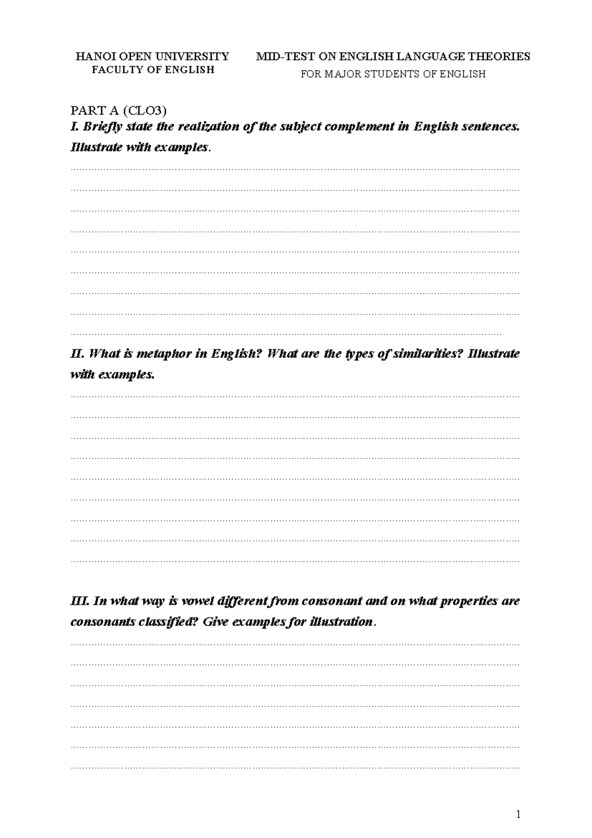 Mid-term Test 2 - English Language Theories (CLO3) - Studocu