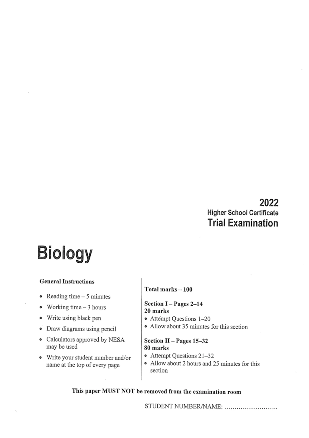 PEM 2024 Biology Trial HSC Exam Paper and Student Instructions - Studocu