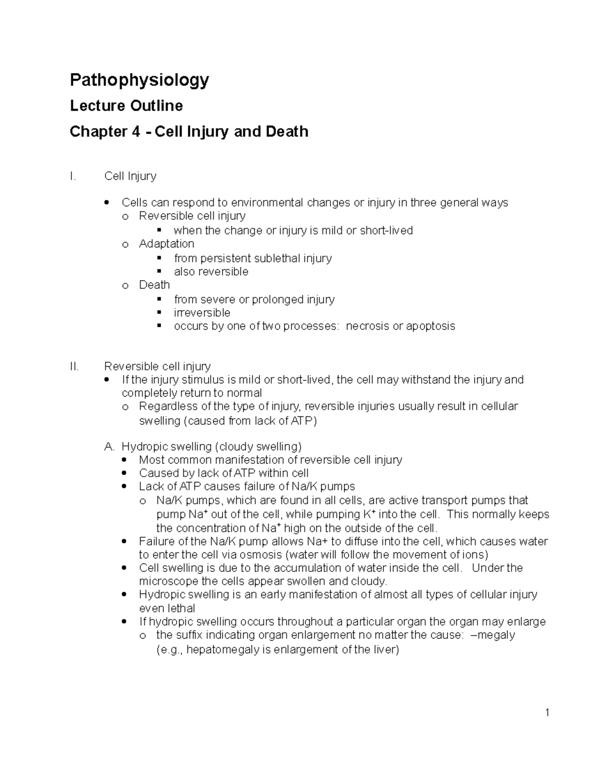 Chapter 4 - Cell Injury - Pathophysiology Lecture Outline Chapter 4 ...