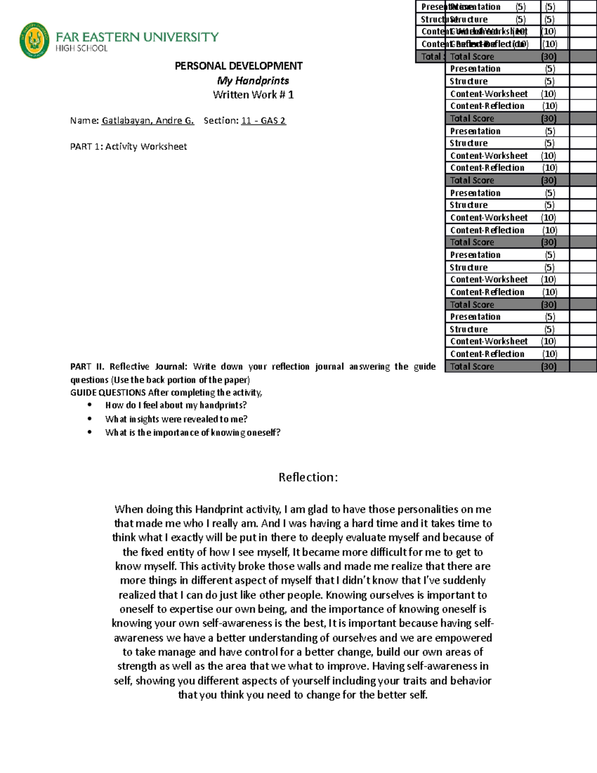 Written Work 1 - My Handprints Worksheet - PERSONAL DEVELOPMENT My ...
