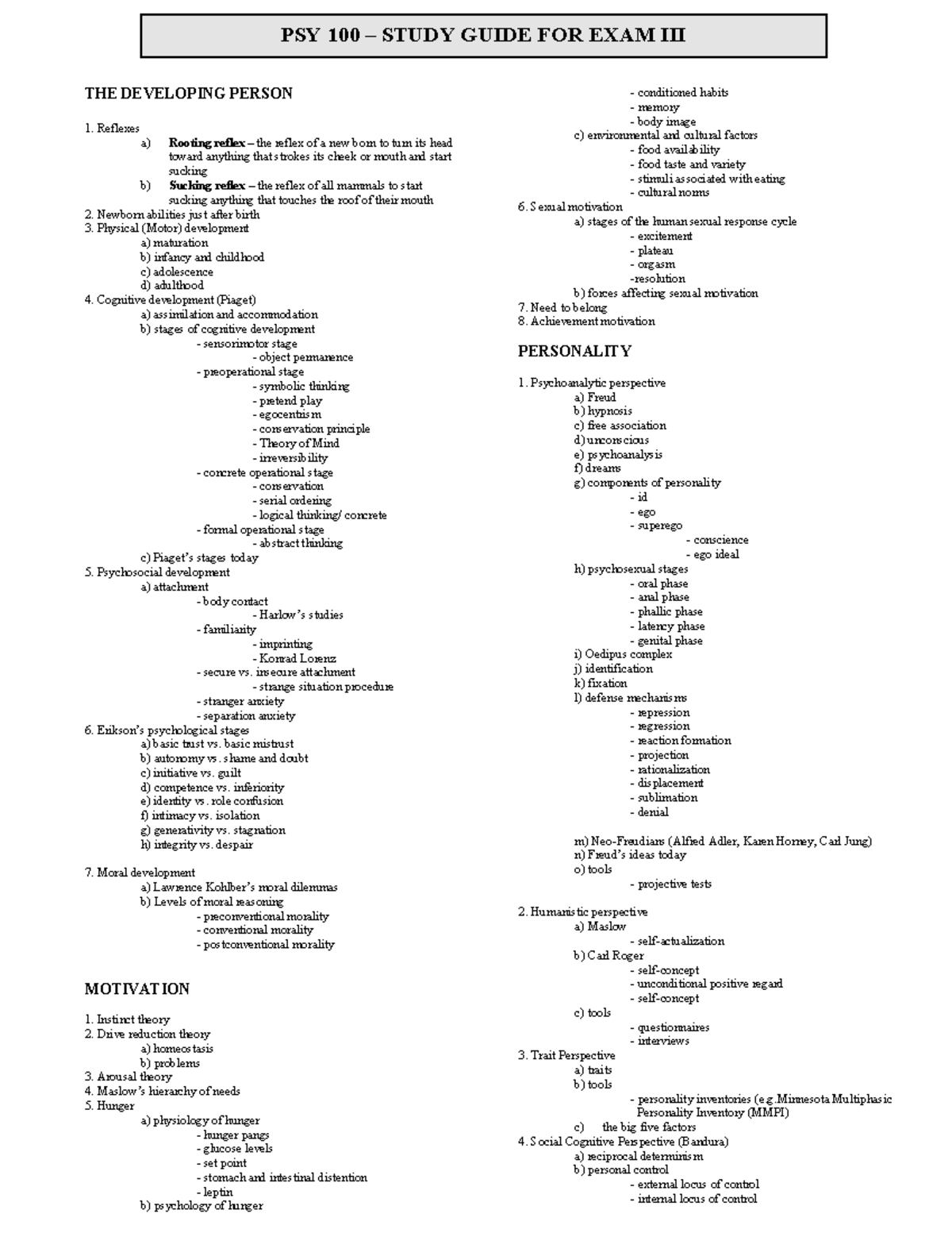 PSY 100 Exam 3 Study Guide - PSY 100 STUDY GUIDE FOR EXAM THE ...
