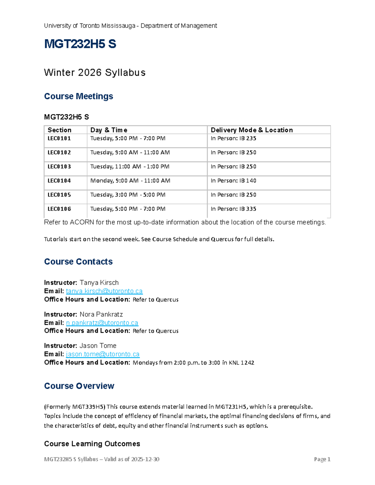 MGT232H5 S Winter 2026 Course Syllabus and Schedule Overview - Studocu