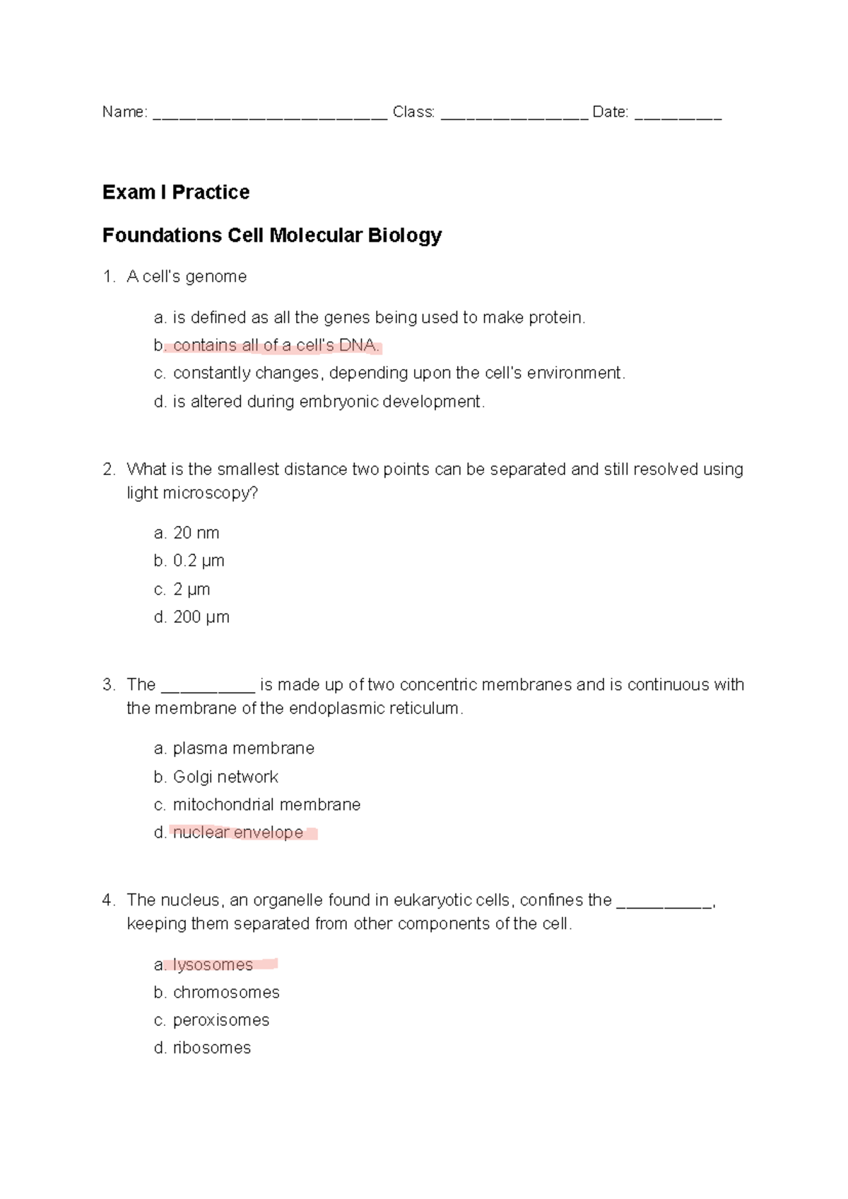 Foundations of Cell & Molecular Biology 1: Exam I Practice Questions ...