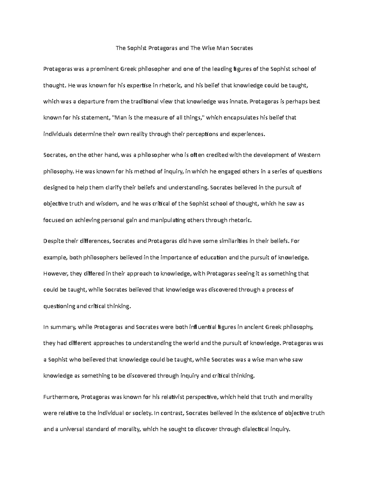 Philosophical Perspectives: Protagoras vs. Socrates on Knowledge - Studocu