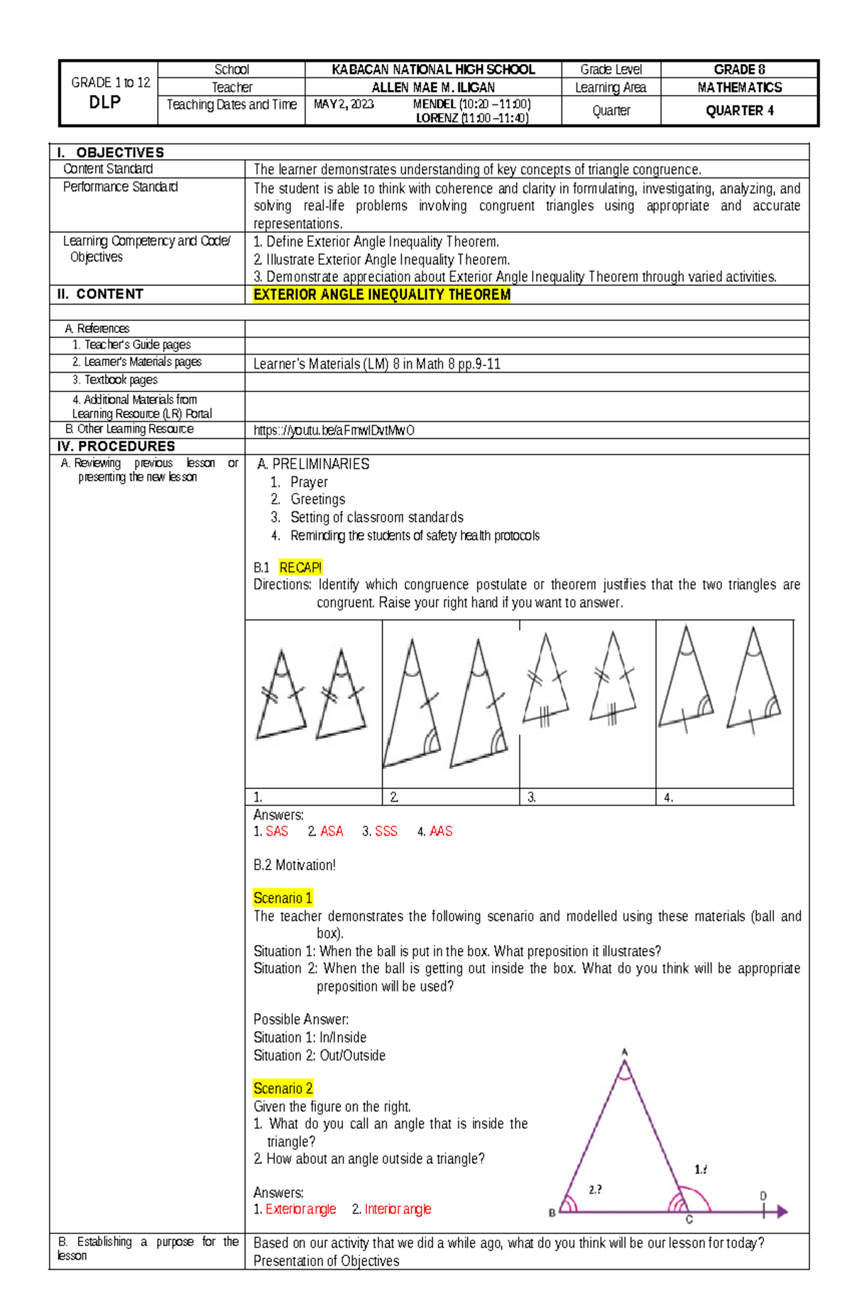 DLP GRADE 8 MATH: Exterior Angle Inequality Theorem Overview - Studocu