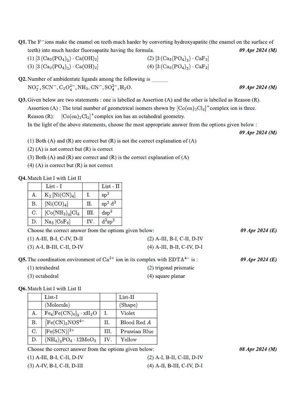 Coordination Compounds: Exam Questions and Answers (Chem 101) - Studocu