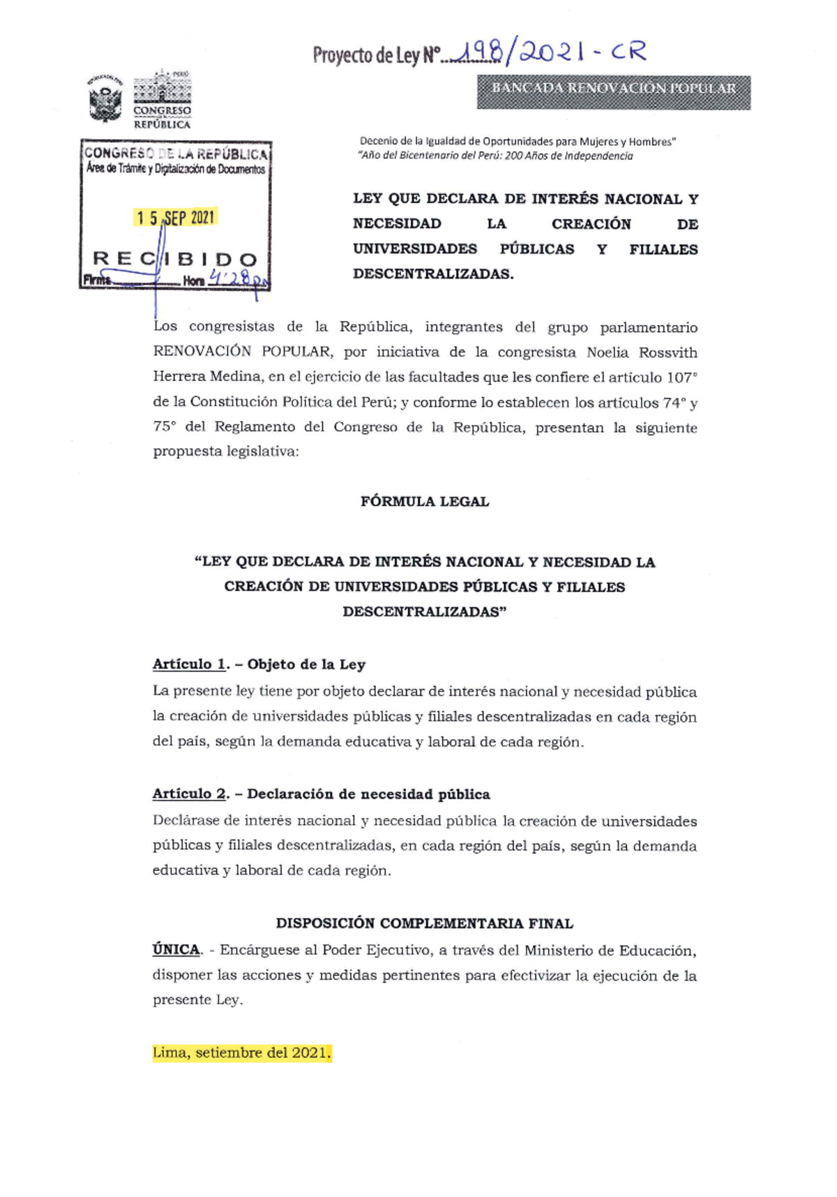 Proyecto-DE-LEY - El proyecto de ley n°198/2021-CR declara de interés ...