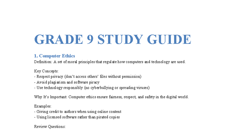 GRADE 9 IT STUDY GUIDE: Computer Ethics, IP, Hardware & Software - Studocu