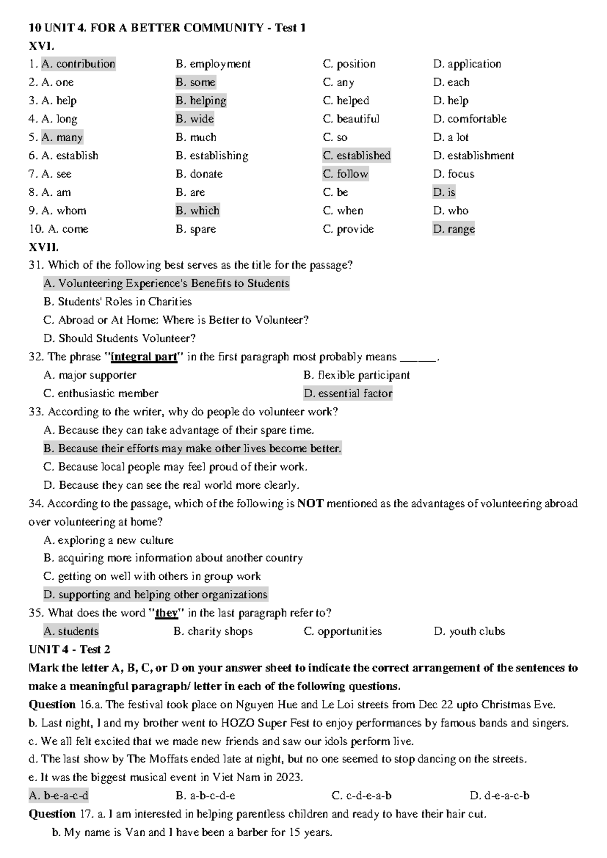 UNIT 4 Test 1: Volunteer Work and Community Contributions - Studocu