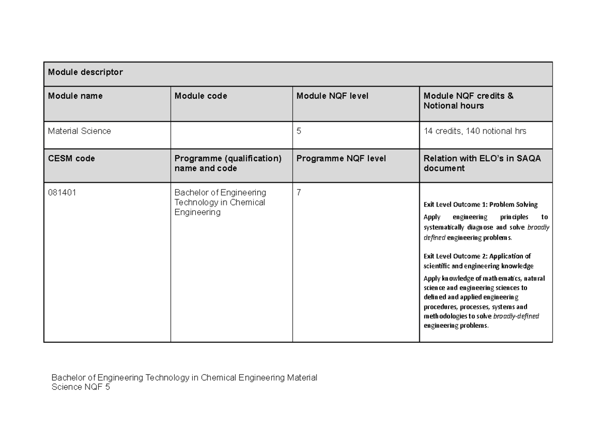Material Science Module Descriptor for Bachelor of Engineering Tech ...