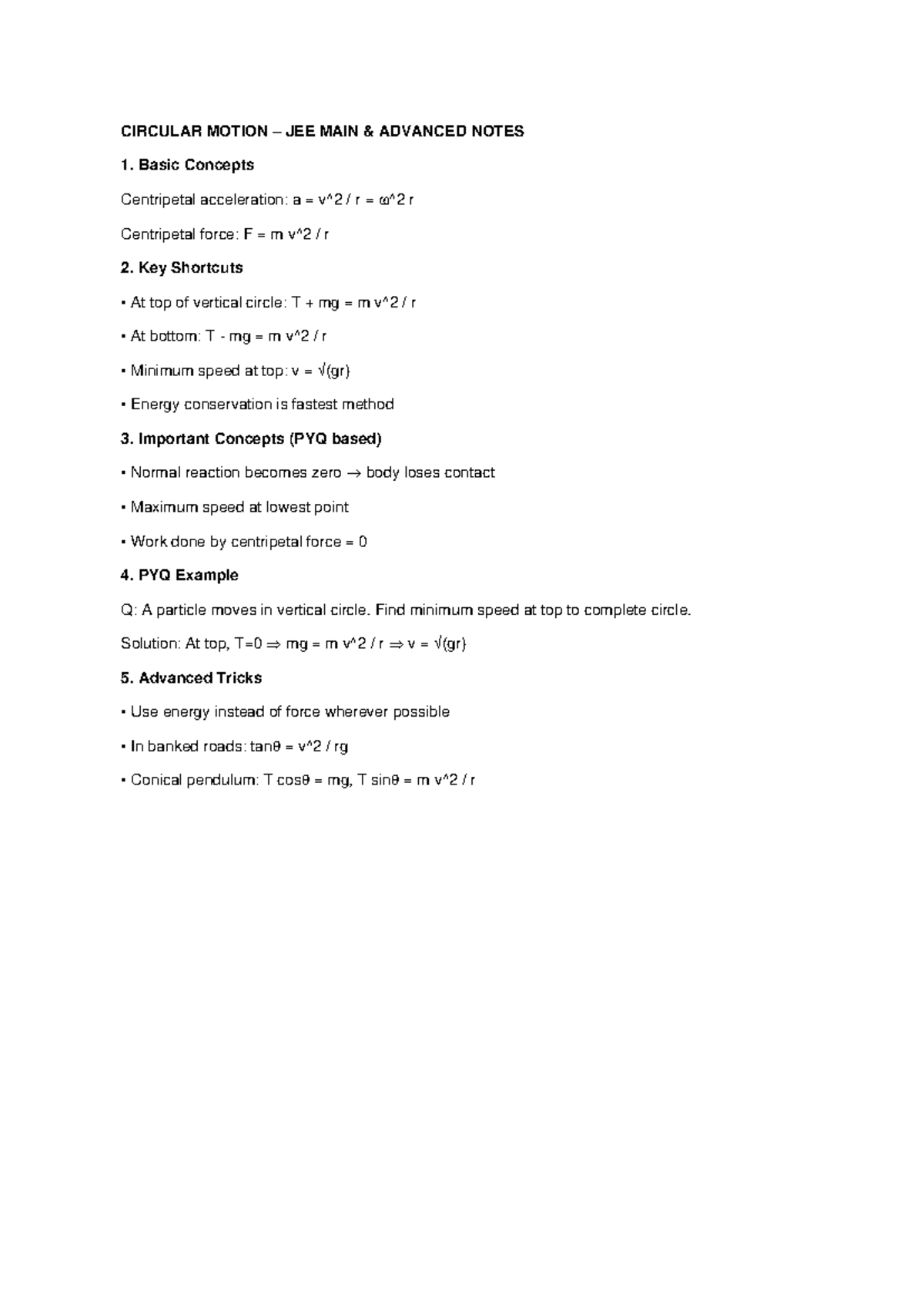 CIRCULAR MOTION JEE MAIN ADVANCED NOTES: Key Concepts & Tricks - Studocu