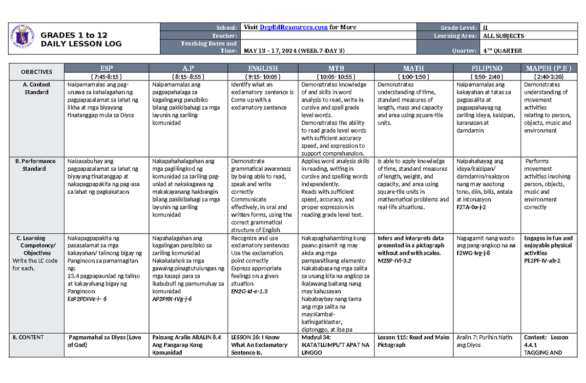 DLL ALL Subjects 2 Q4 W7 D3 - GRADES 1 to 12 DAILY LESSON LOG School ...