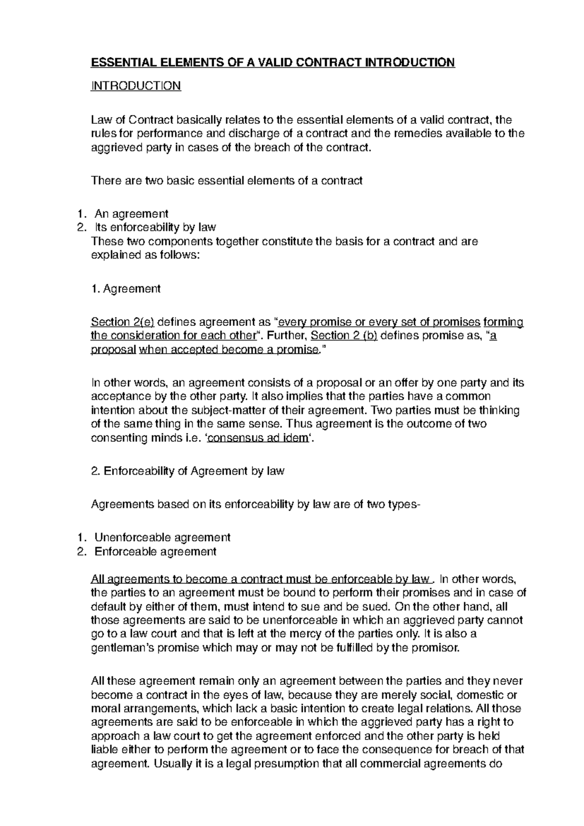 LLB Contract Law Notes: Essential Elements of Valid Contracts - Studocu