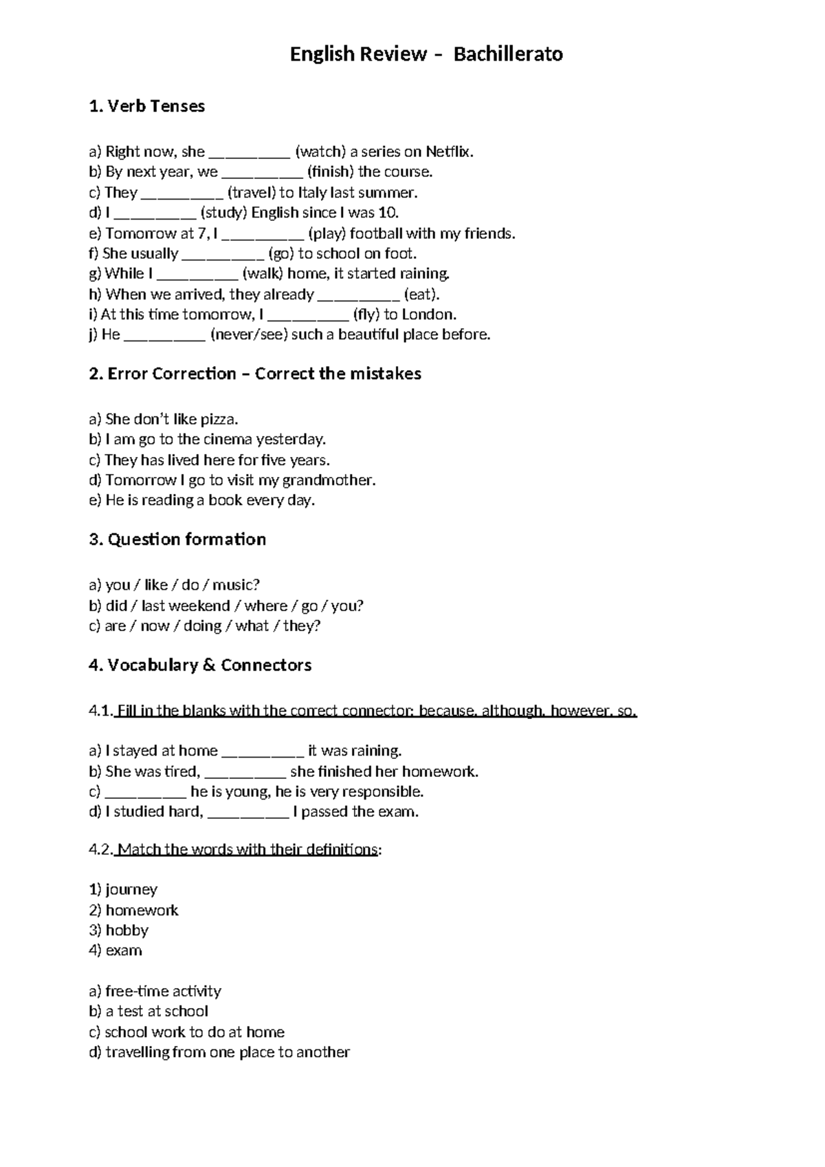English Review Bachillerato 1: Verb Tenses & Error Correction - Studocu