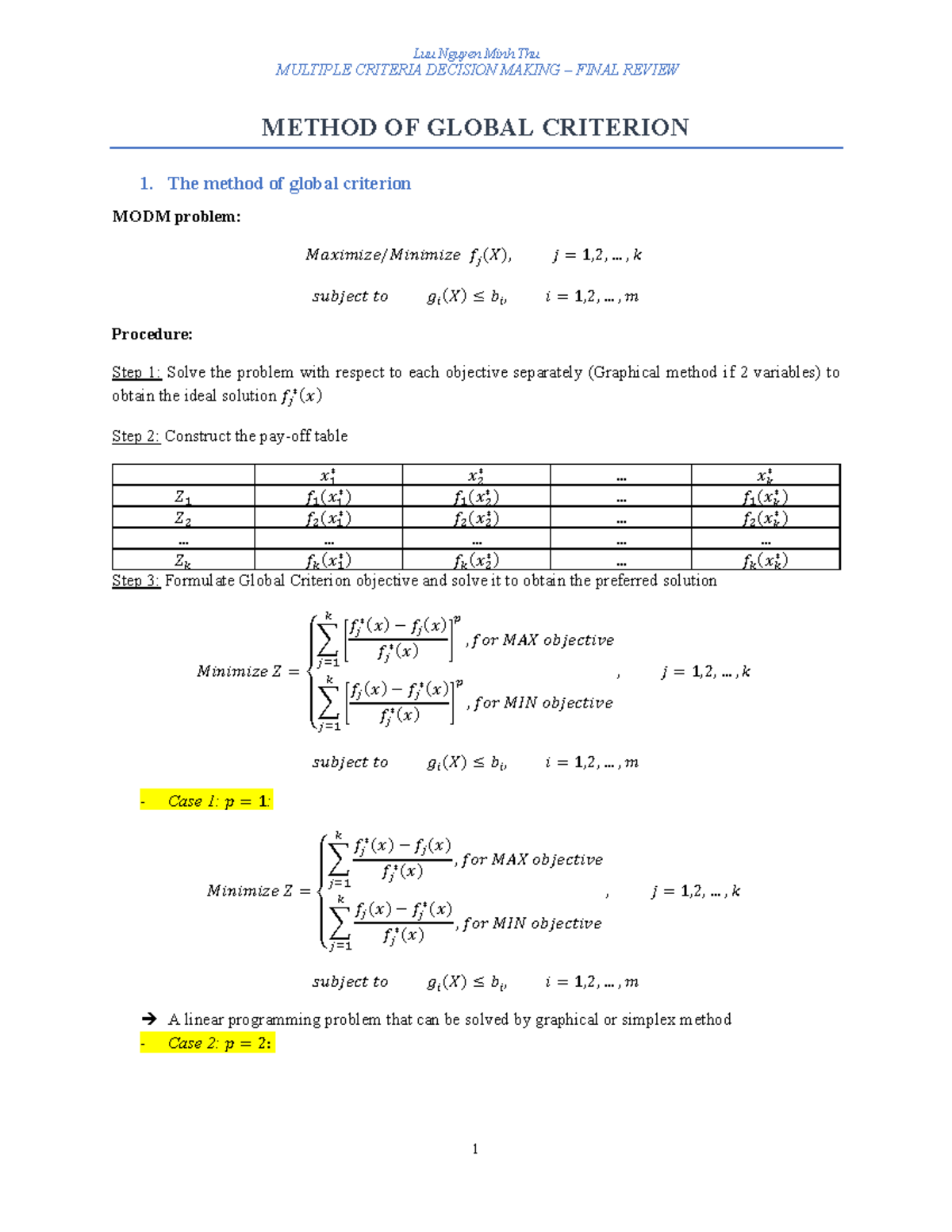 MCDM 101: Multiple Criteria Decision Making Final Review Notes - Studocu