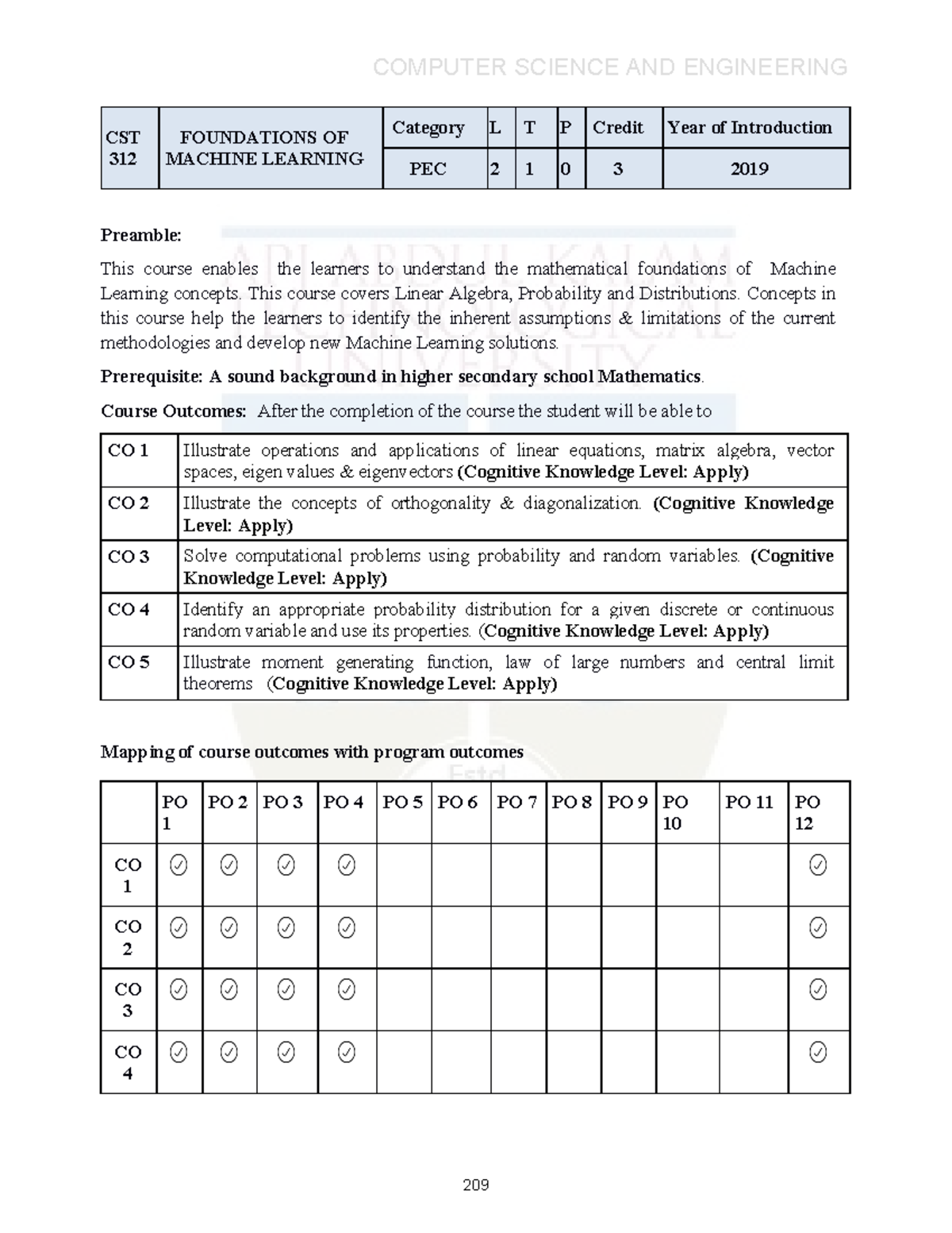 CST312 - Foundations of Machine Learning Syllabus and Assessment Guide ...