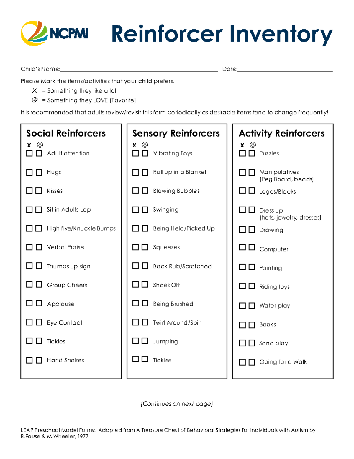 Reinforcer-Inventory - Reinforcer Inventory Child’s Name: Date: Please ...