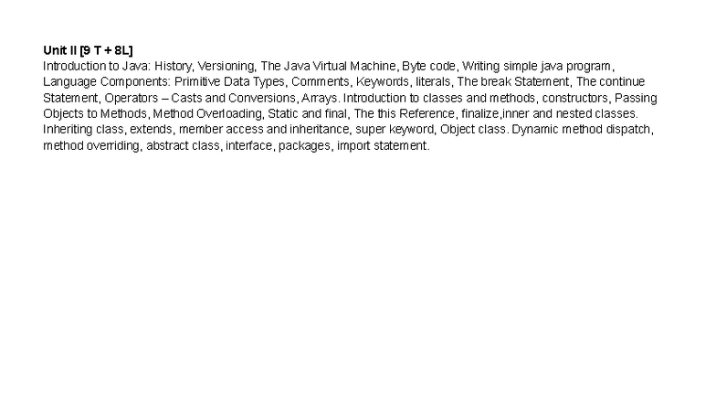 Unit II - Java Programming: History, JVM, Data Types, and Classes - Studocu