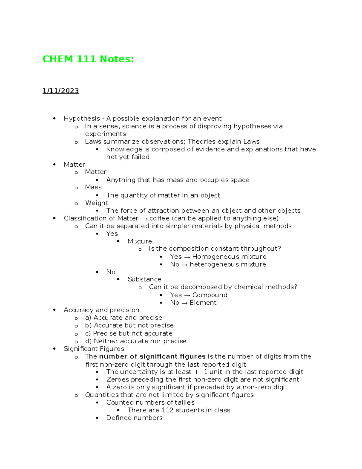 CHEM 111: Comprehensive Notes on Matter and Significant Figures - Studocu