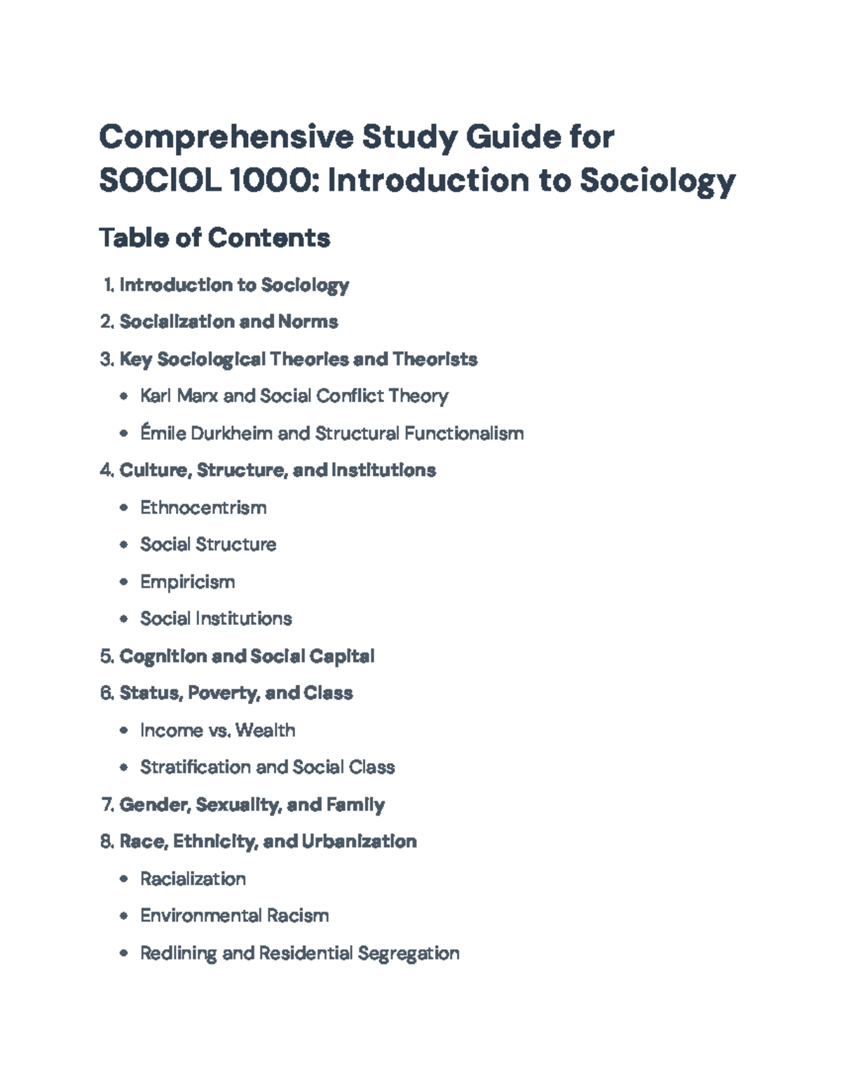 Comprehensive Study Guide for SOCIOL 1000: Intro to Sociology Exam Prep ...