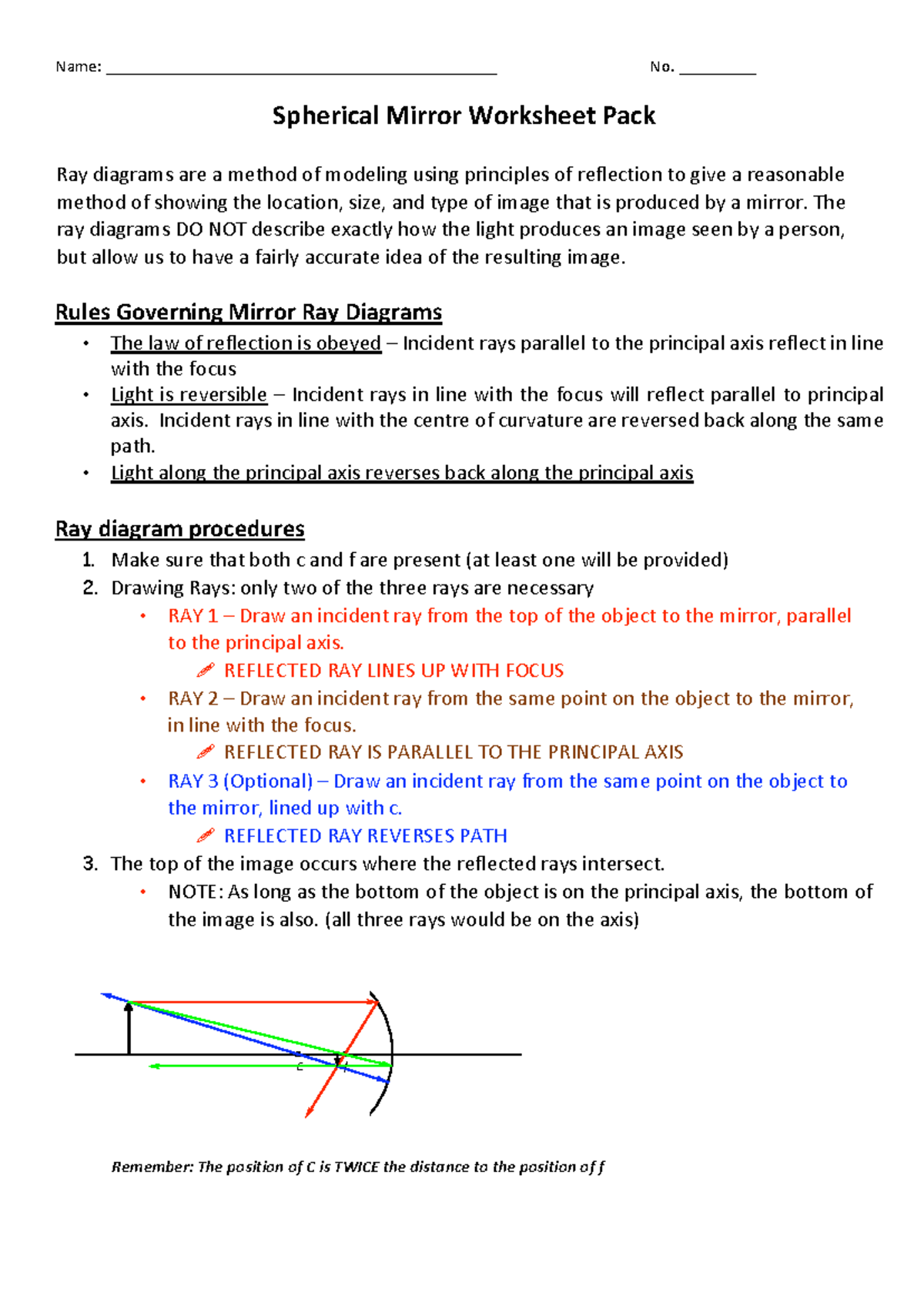 Spherical Mirror Ray Diagram Worksheet Pack for Reflection Principles ...