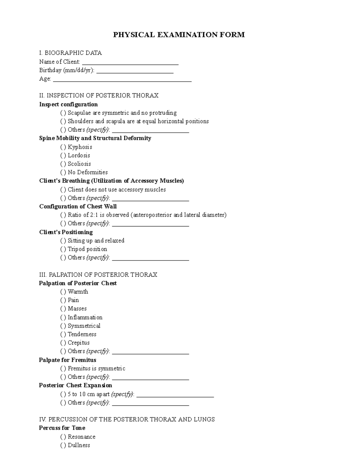 Physical Examination Form I: Thorax and Lungs - HA-RLE - Studocu