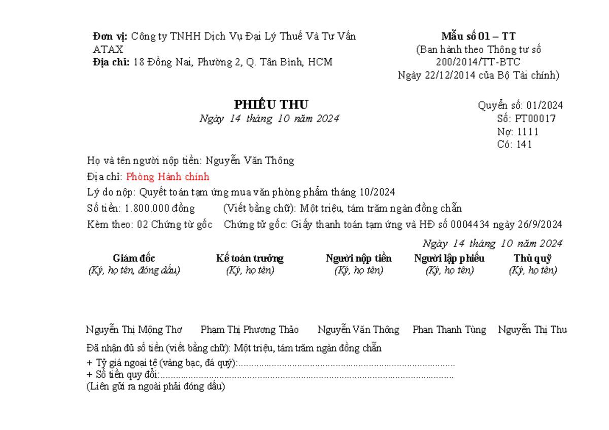 1. Phieu thu - aaa asdsad - Đơn vị: Công ty TNHH Dịch Vụ Đại Lý Thuế Và ...