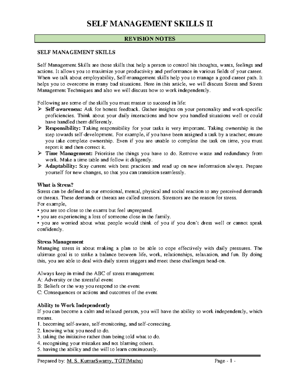 SELF MANAGEMENT SKILLS II: Revision Notes on Techniques and Strategies ...