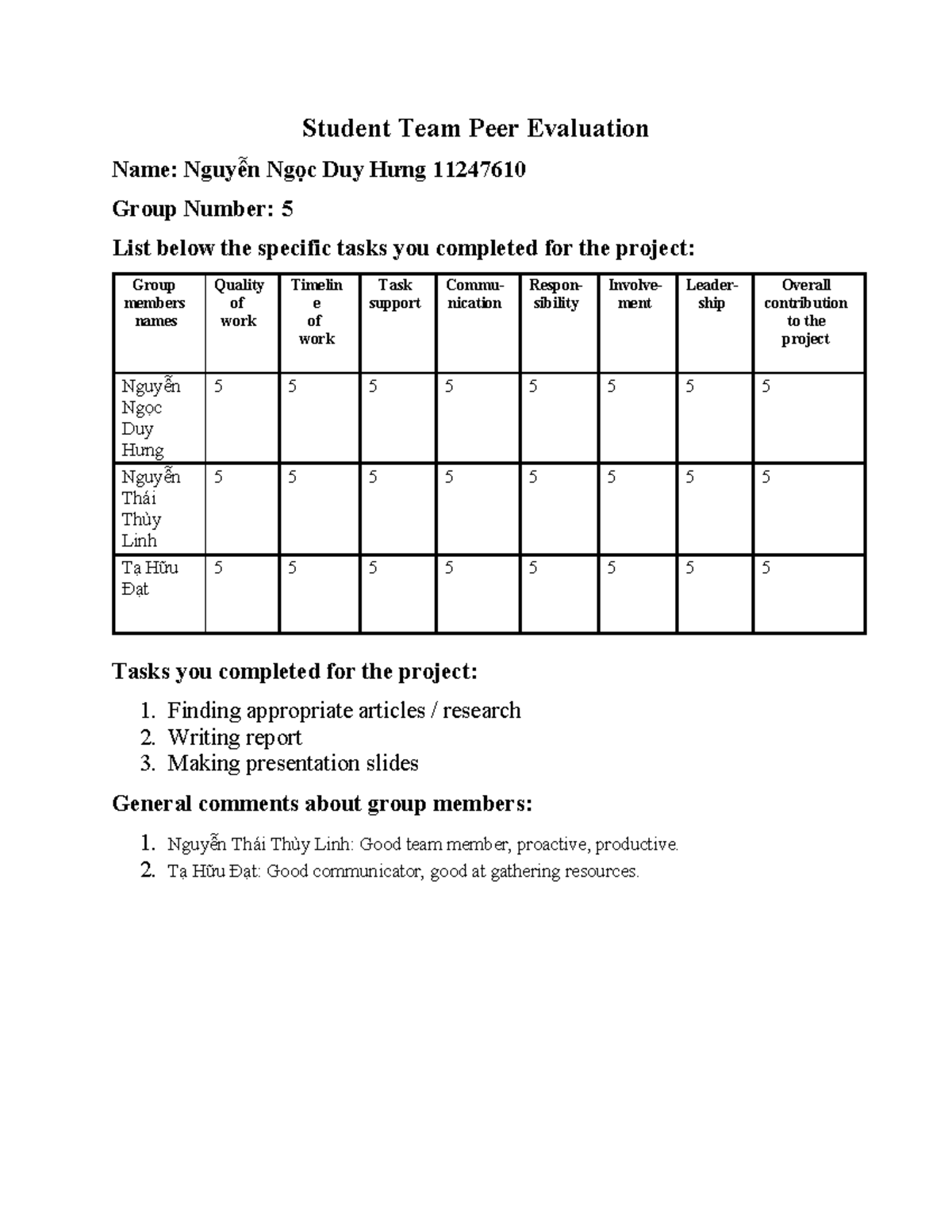 Peer Evaluation for Group Project - Team 5 (Nguyễn Ngọc Duy Hưng) - Studocu