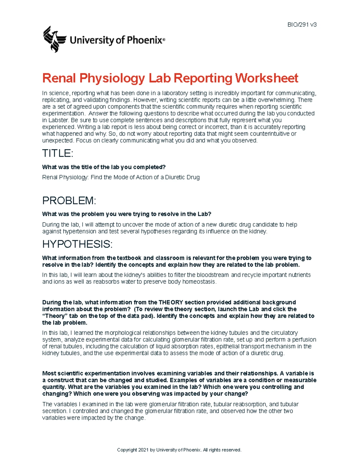BIO 291 Week 5 Lab Report: Exploring Diuretic Drug Actions in Renal ...
