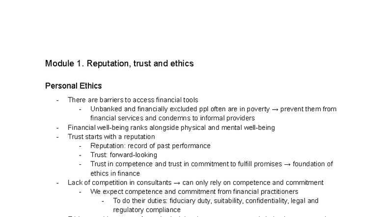 Ethics Notes Summary for Module 1-6: Trust, Reputation, and Finance ...