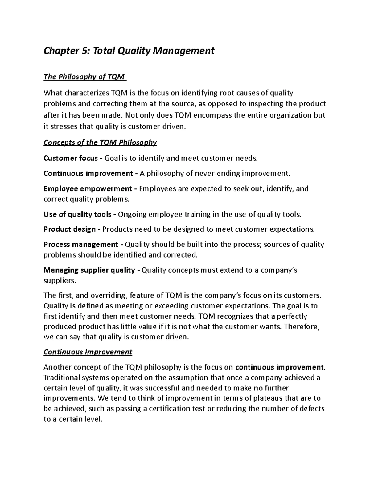 C215 Study Guide - I. Quality Management Methods (Chapters 5 & 6 ...