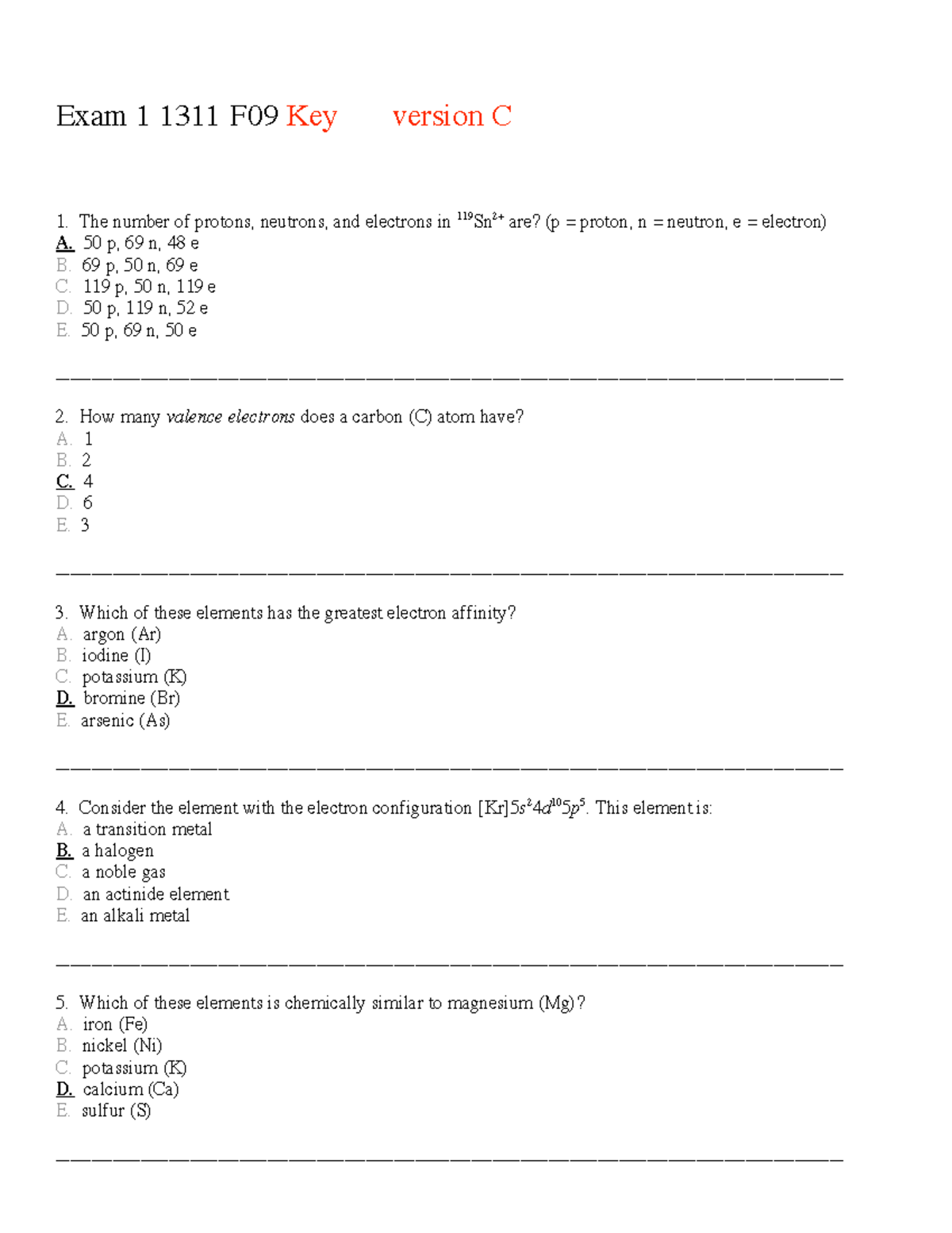 Exam 1 Key 1311 F09 Version C - Answer Guide for Students - Studocu