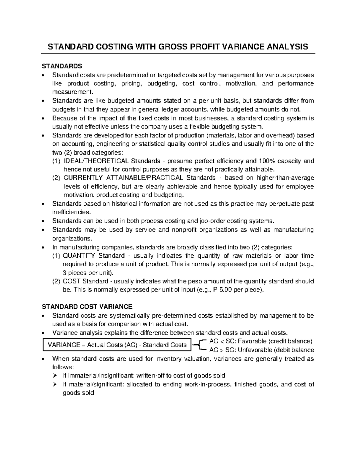 Standard Costing & Gross Profit Variance Analysis - Review Notes - Studocu