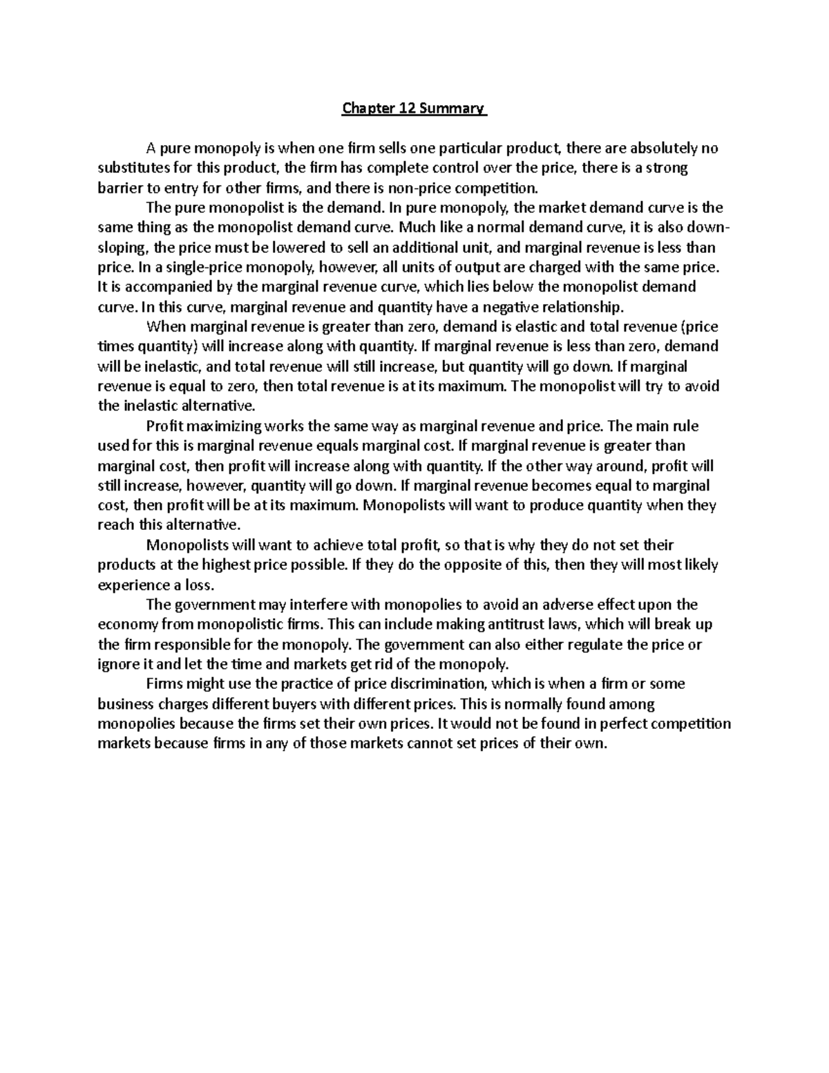 ECO 101 Chapter 12 Summary: Understanding Pure Monopoly Dynamics - Studocu