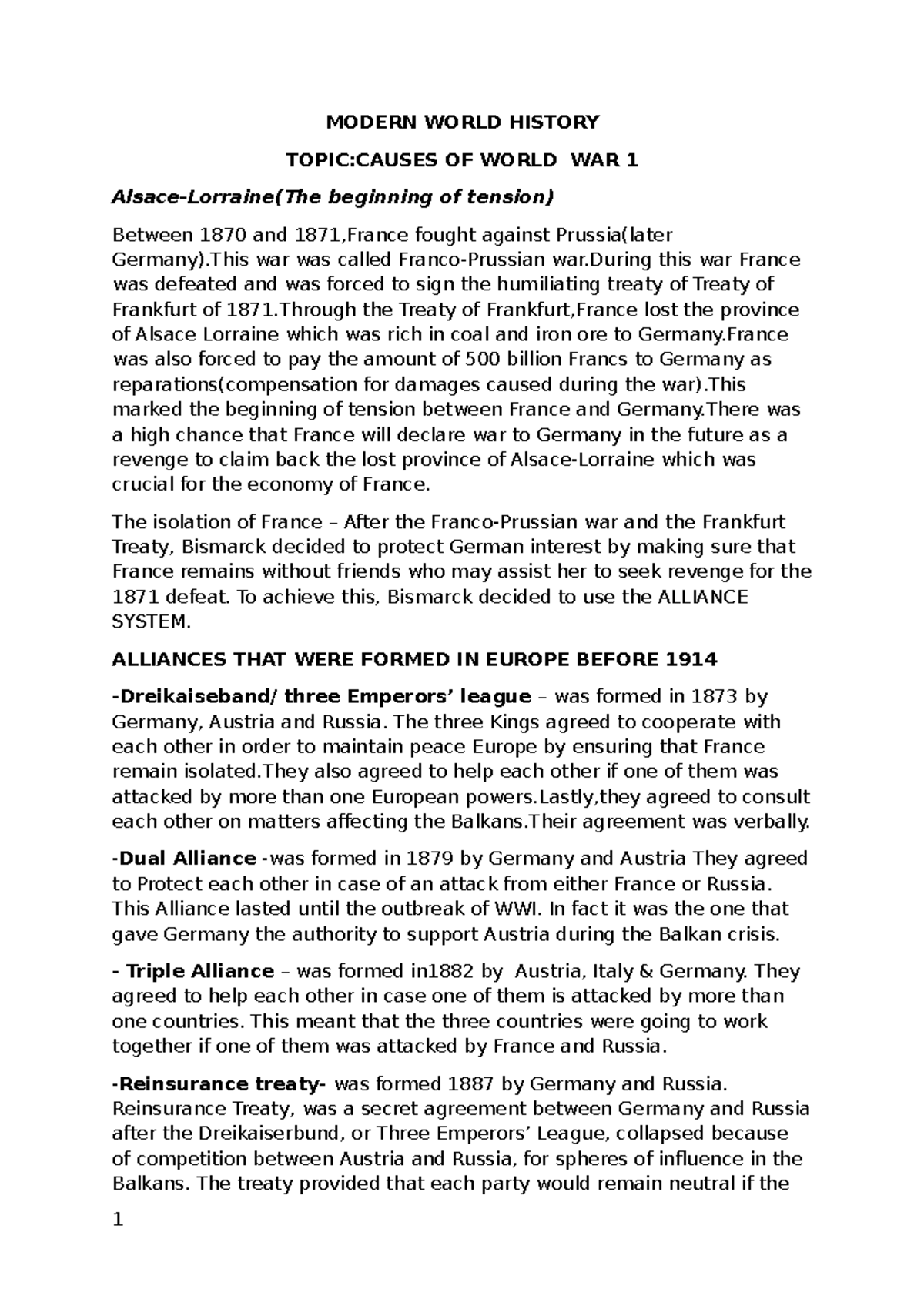 Modern World History: Causes of WWI and Alliance System Analysis - Studocu