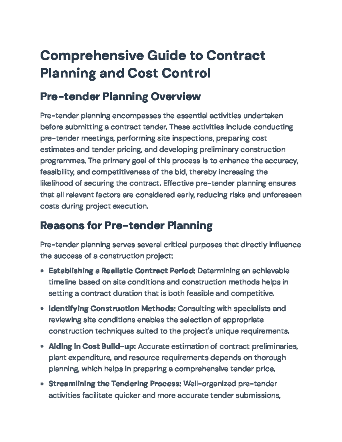 Comprehensive Guide to Contract Planning & Cost Control: Pre-tender ...