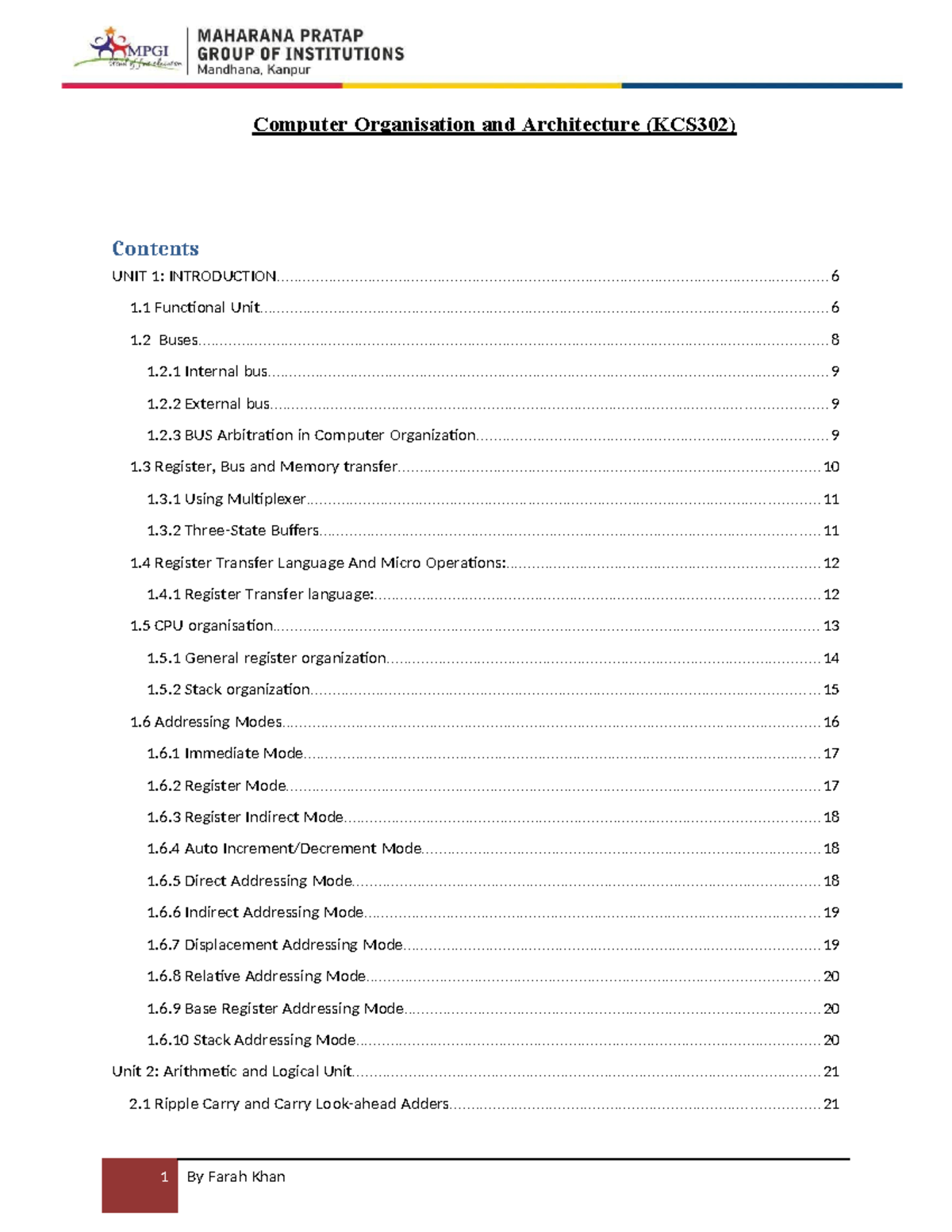 Computer Organisation and Architecture (KCS302) Unit II E-Notes - Studocu