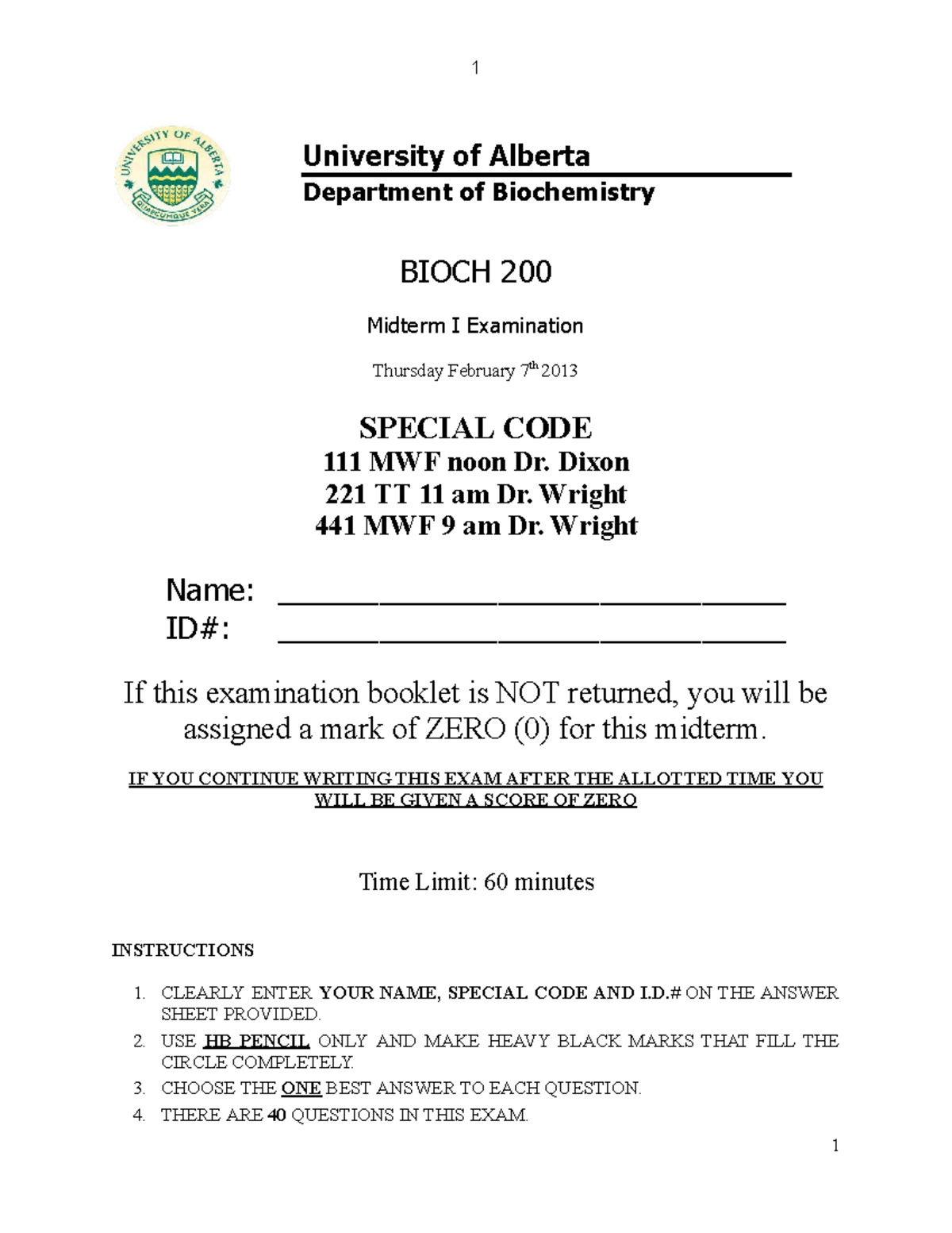 BIOCH 200 Midterm I Exam - University of Alberta, Feb 7, 2013 - Studocu
