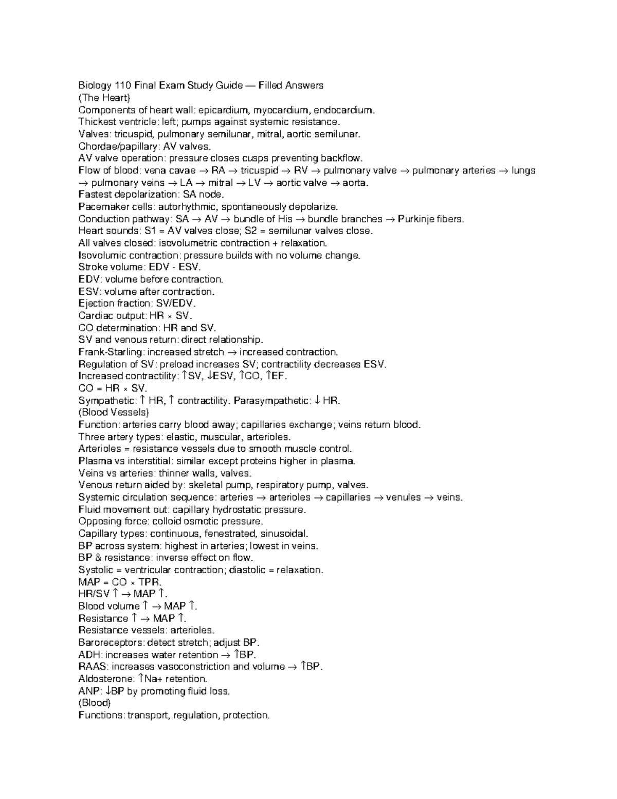 Biology 110 Final Exam Study Guide — The Heart and Circulatory System ...