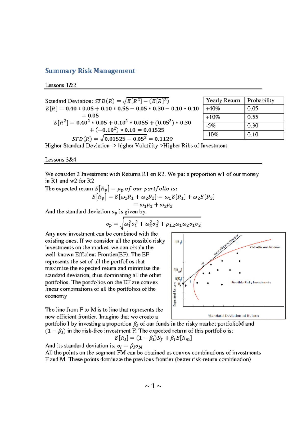 Summary of Risk Management Concepts and Calculations (Course Code ...