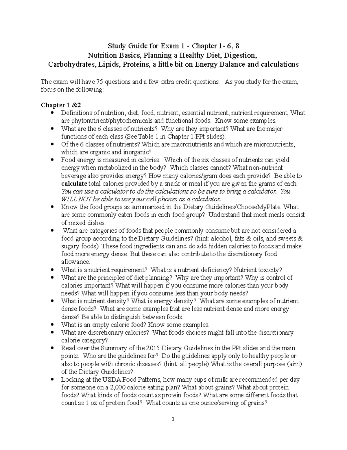 Study Guide - Exam 1 on Nutrition: Chapters 1-6 & 8 (Sp2020) - Studocu