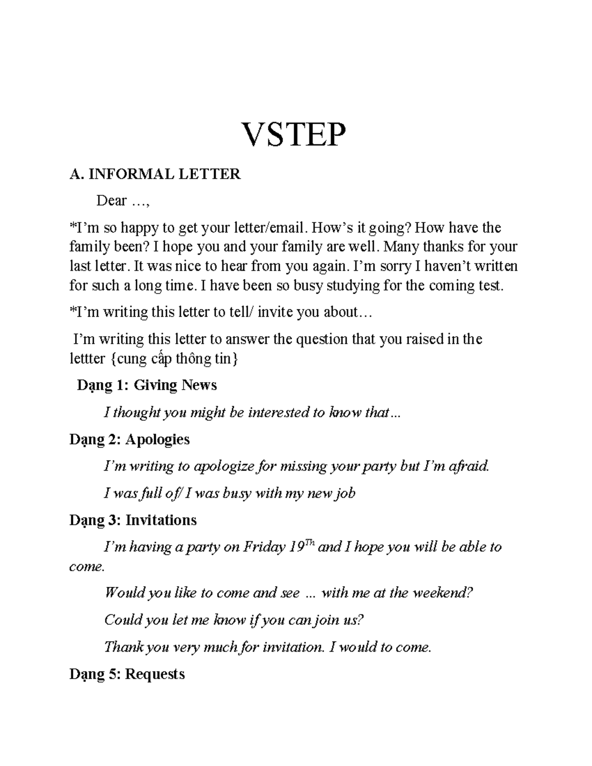 VSTEP A. Informal Letter & Speaking Exam Preparation Notes - Studocu