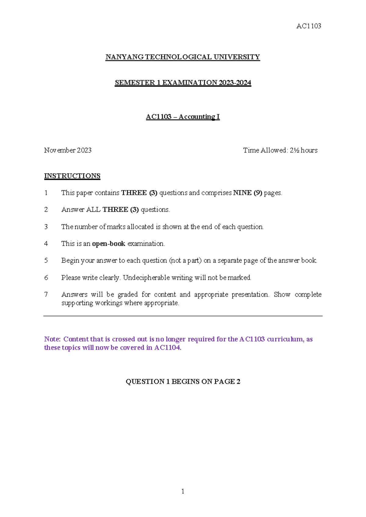 2324 S1 AC1103 Accounting I Final Exam Questions & Key Answers - Studocu