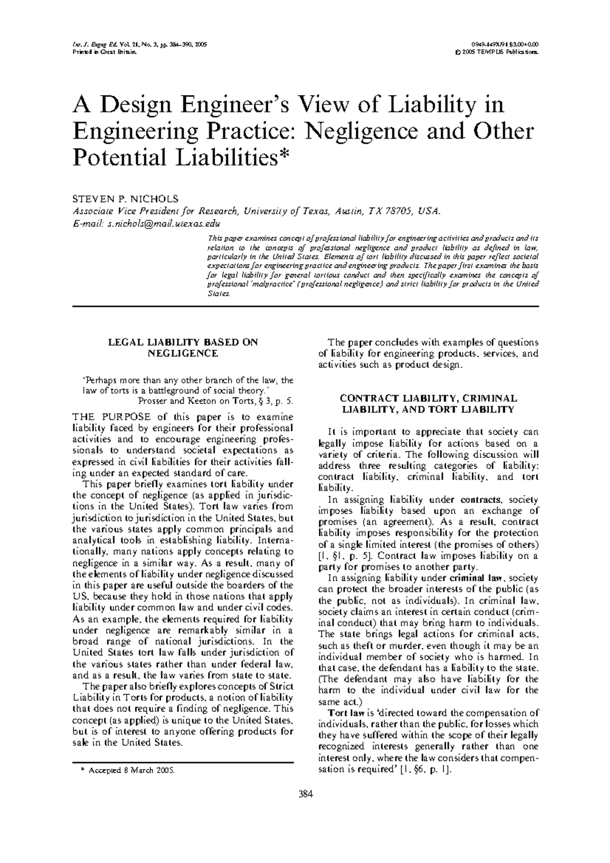 Liability and Duty in Engineering: Negligence and Torts Analysis - Studocu