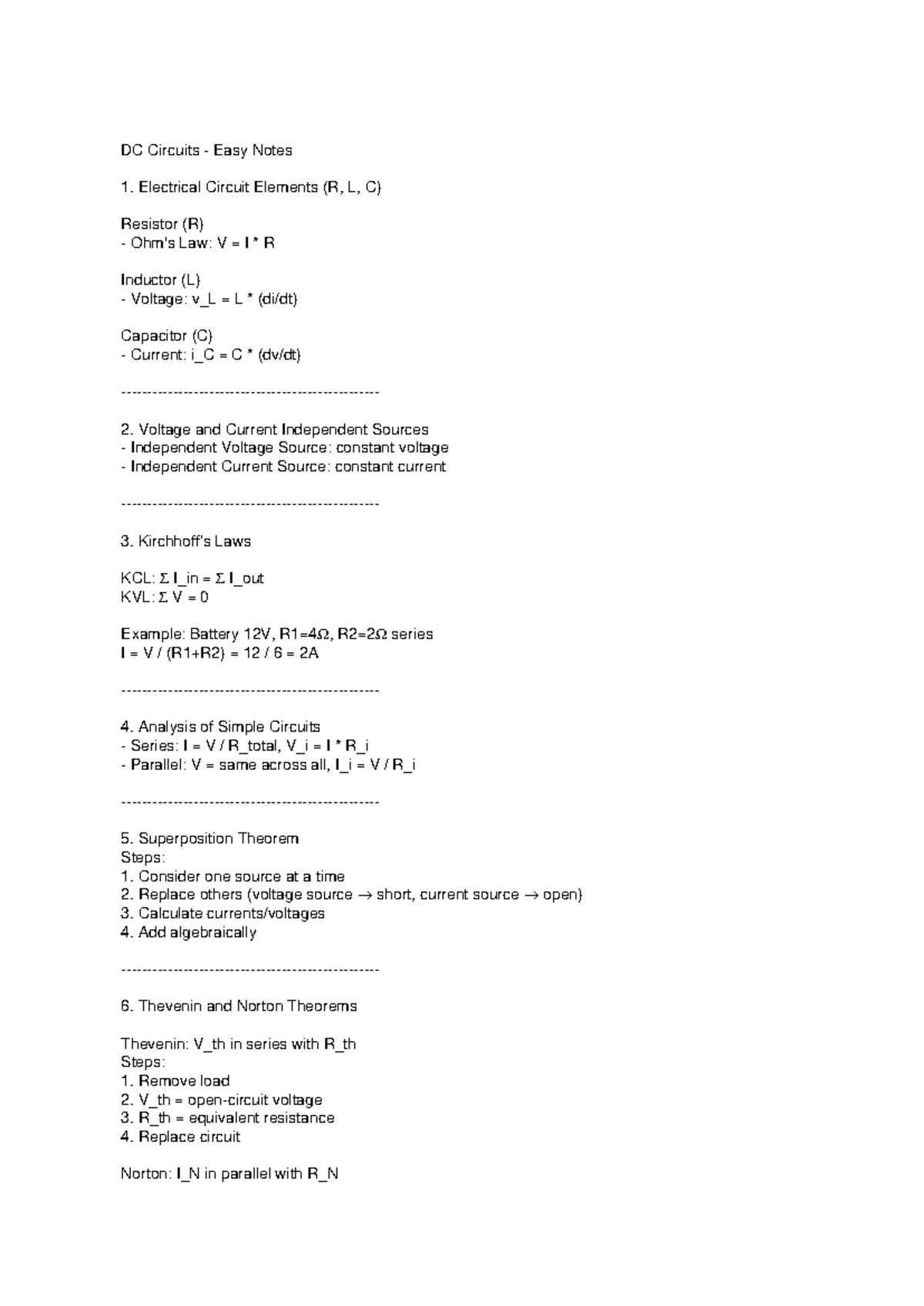 DC Circuits Notes - BEE: Elements, Laws, and Theorems - Studocu