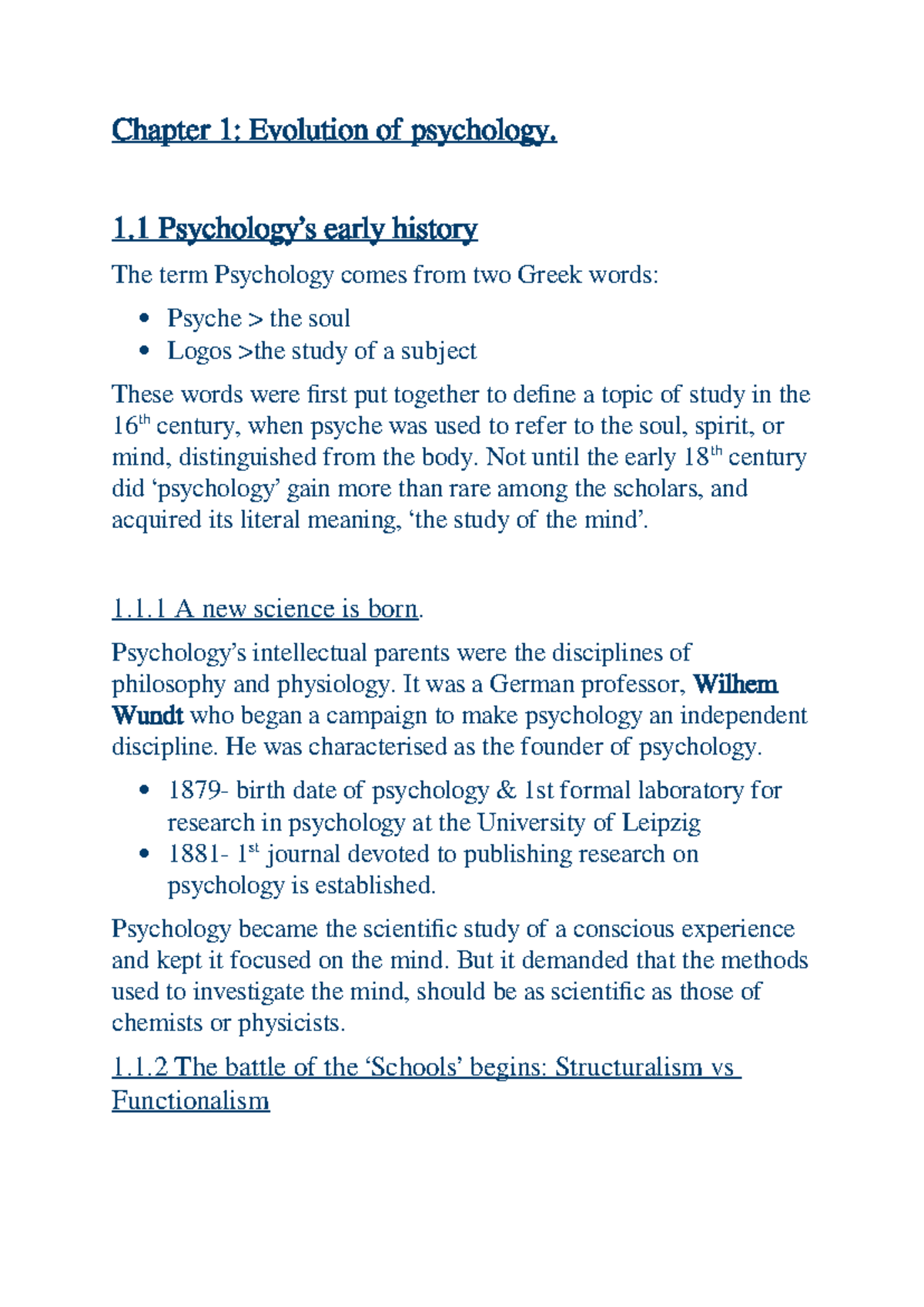 Psychology Notes 110: Chapter 1 - Evolution of Psychology - Studocu