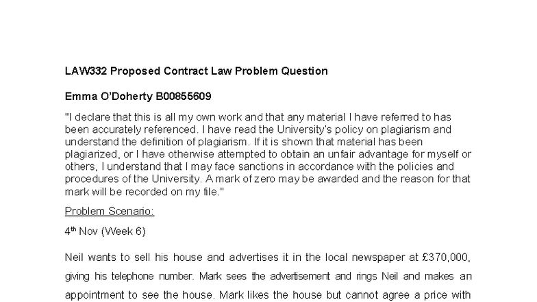 LAW332 Contract Law Problem Question Analysis - Emma B00855609 - Studocu